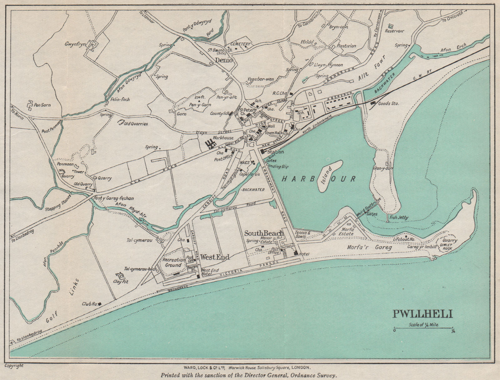 PWLLHELI  vintage town/city plan. Wales. WARD LOCK 1948 old vintage map chart